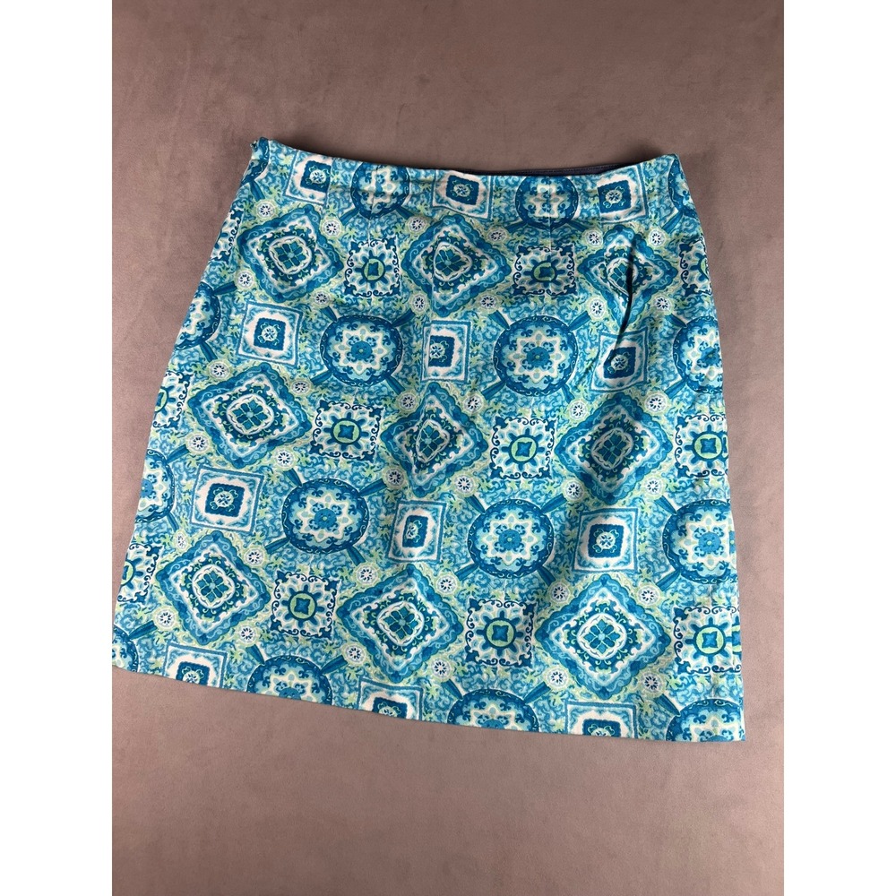 Talbots Blue Geometric Tile Print Mini Skirt Size 2 A-Line Turquoise Green Cotto